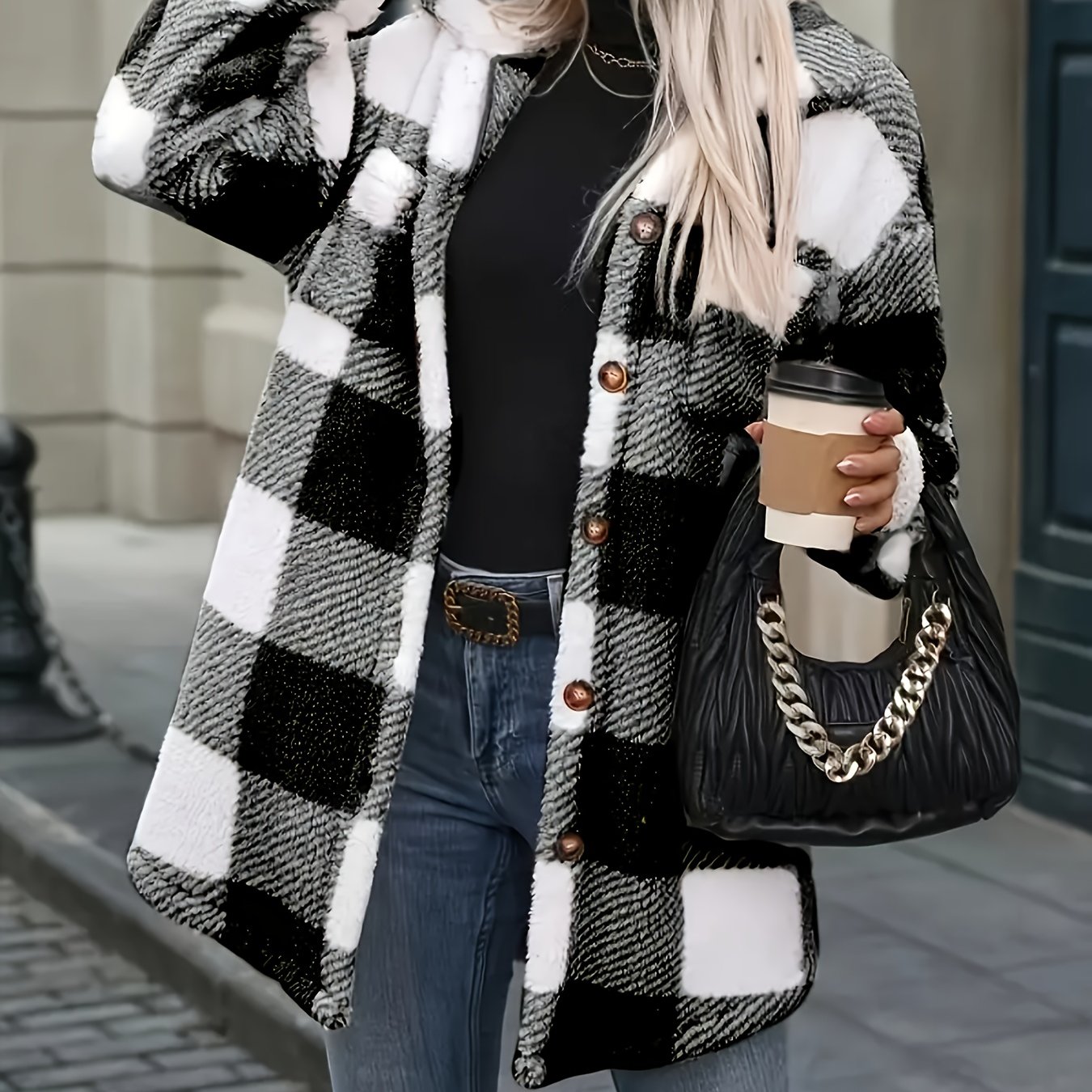Women's Coat, Elegant And Fashionable Women's Coat, Black And White Checkered Drop-shoulder Teddy Bear Plush Jacket For Women