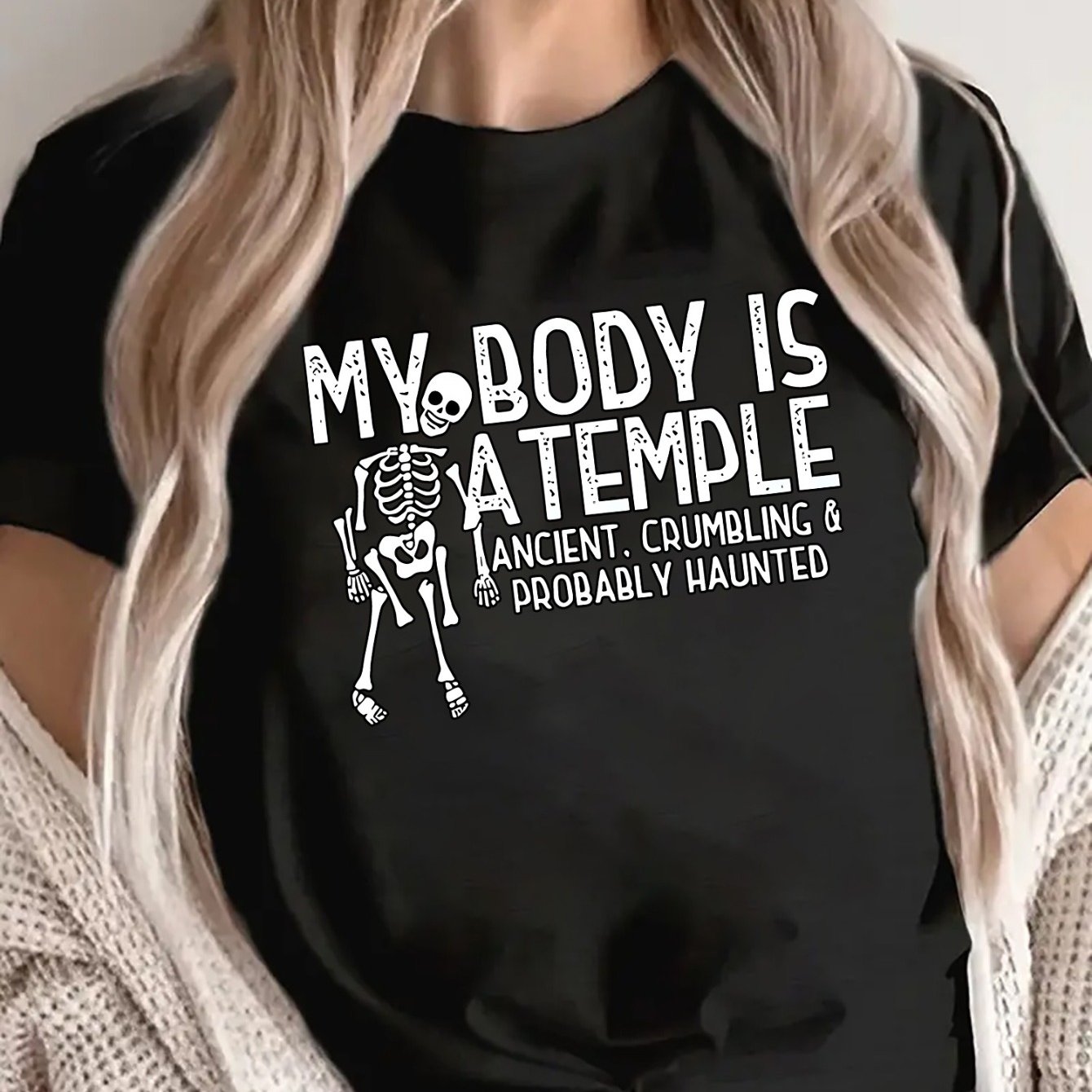TEMU Polyester Short Sleeve T-shirt With Is A Temple Graphic, Funny Skeleton Design For Casual Wear, Lightweight And Durable, Perfect For Home, Cafe,