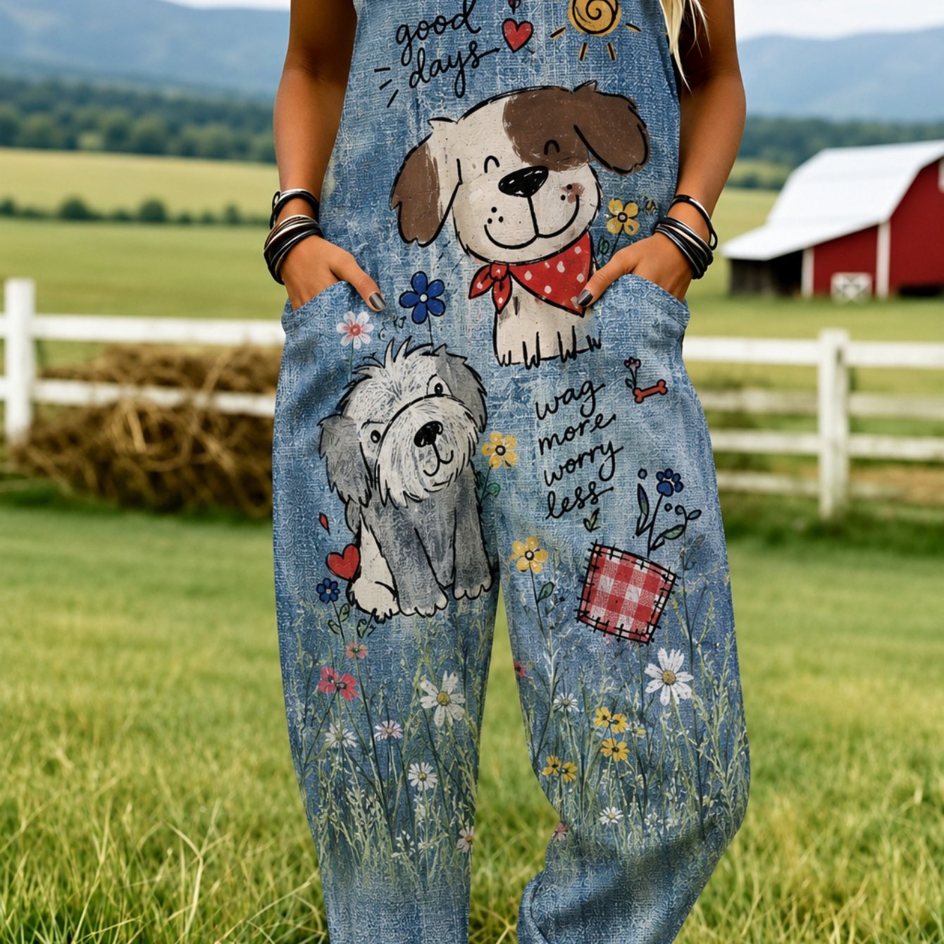 Image of Plus Size Women's Overalls 0xl-5xl Dog Flower Sun Heart Text Comfortable And Breathable Wide-leg Pants Summer Clothing Personalized Print Suitable For Spring, Summer, And Autumn