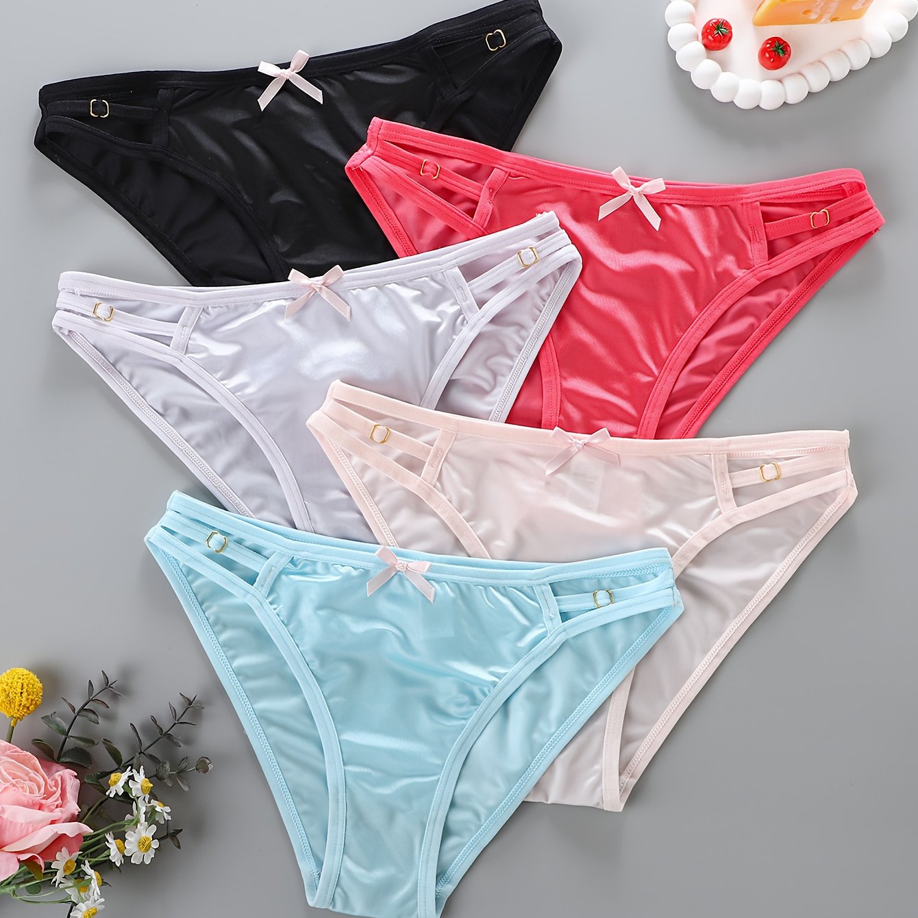 Set Of 5 Elegant Women's Panties With A Sexy Design, High-end Contrast, Breathable Hollow Cross, , And Comfortable Style