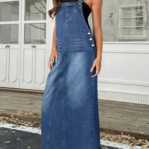 womens denim dress loose and comfortable suitable for commuting with multiple buttons and removable shoulder straps long length