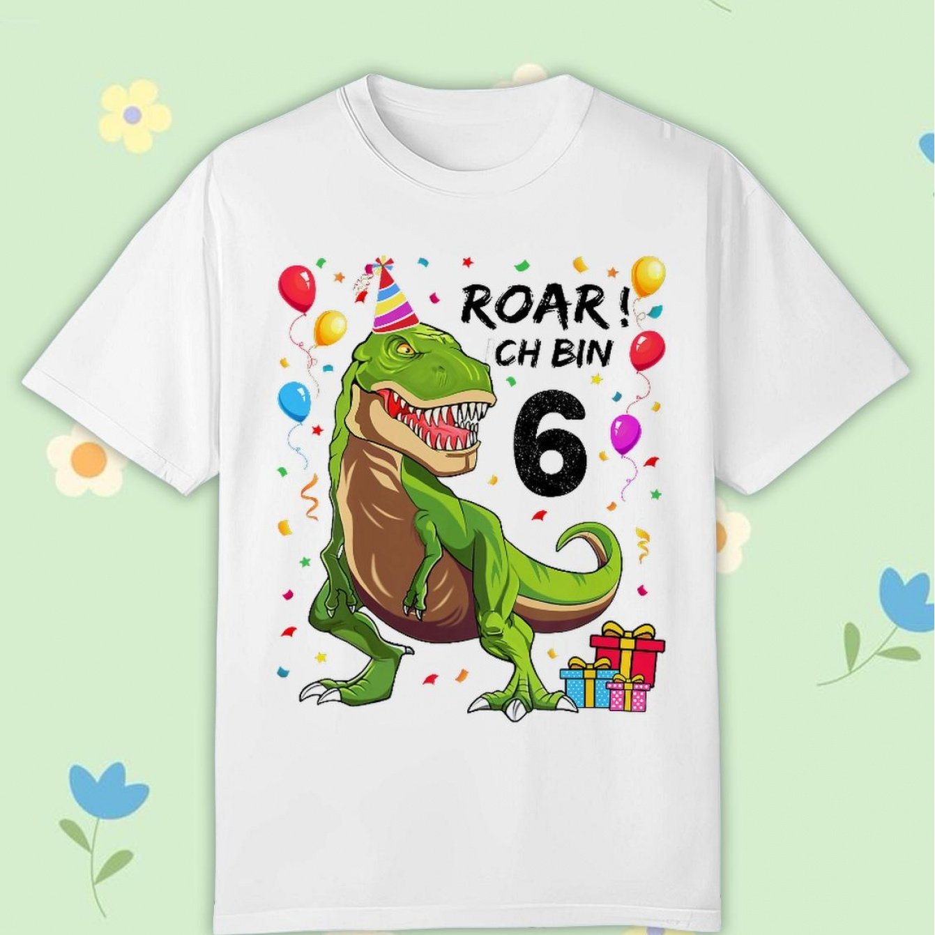 Image of Children's Birthday Shirt 6 Years Boy Dinosaur Dino Ich Bin 6 T-shirt, Black Comfortable Casual Crew Neck Tee For Boys And Girls T Shirt, 200g