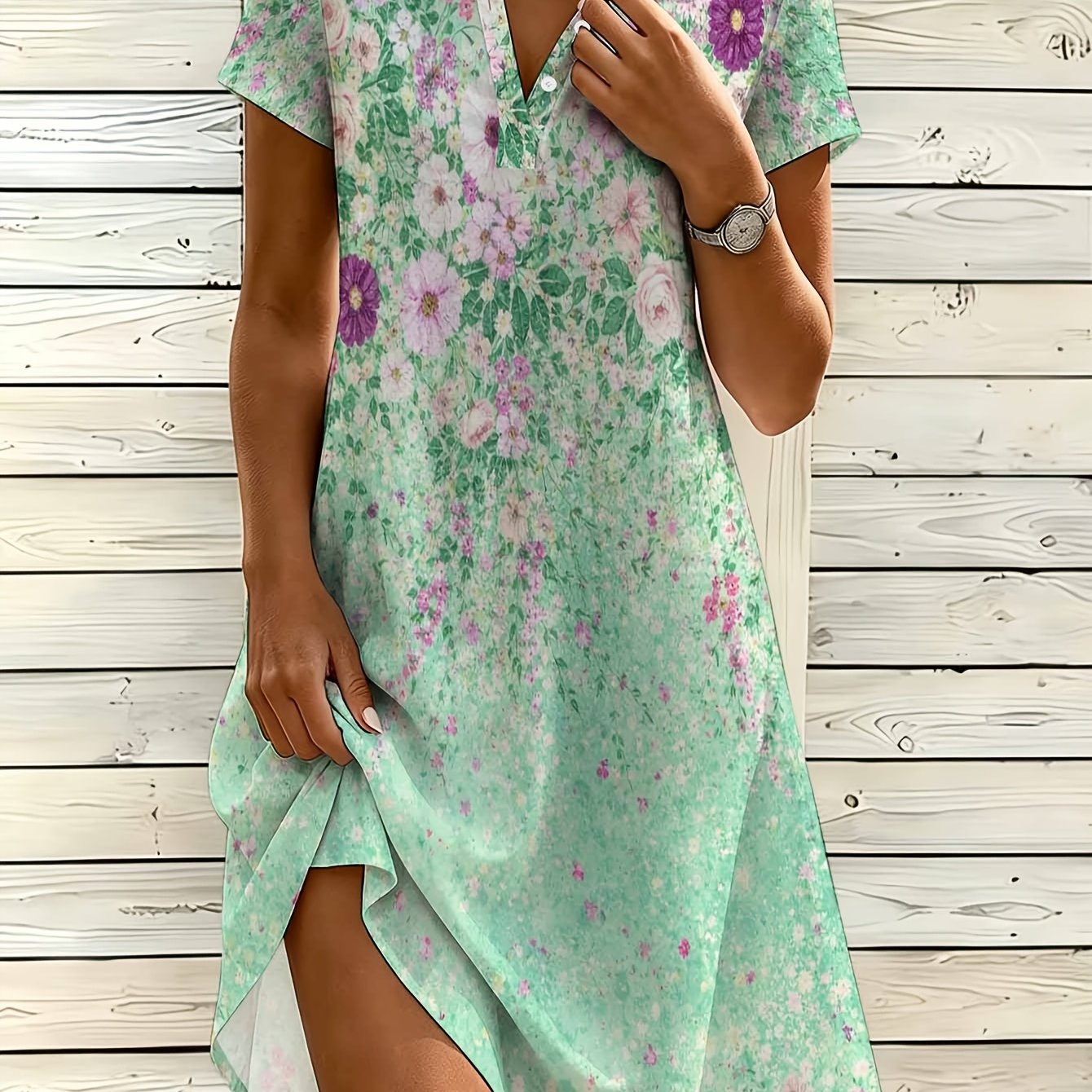 TEMU Women's Fashion Shirt Dress, V-neck Button Dress, Pastoral Floral Print