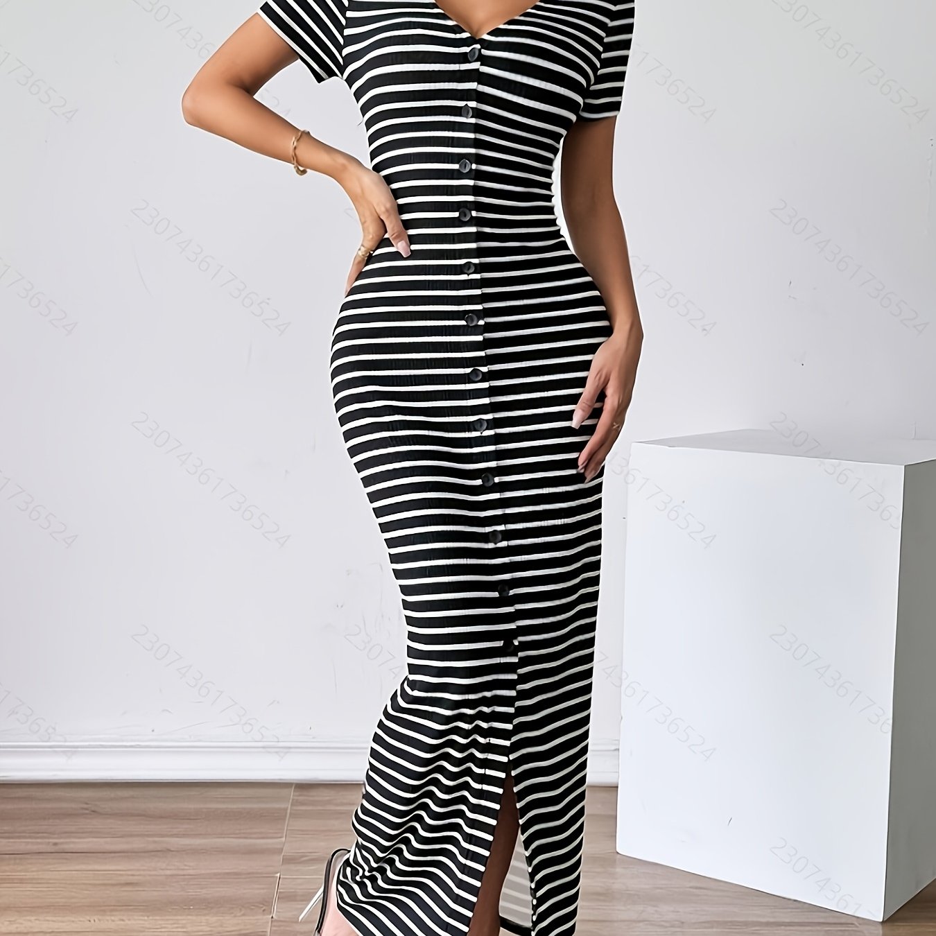 E-shop Neues modisches, elegantes Damenkleid mit Streifen und offener Kragen