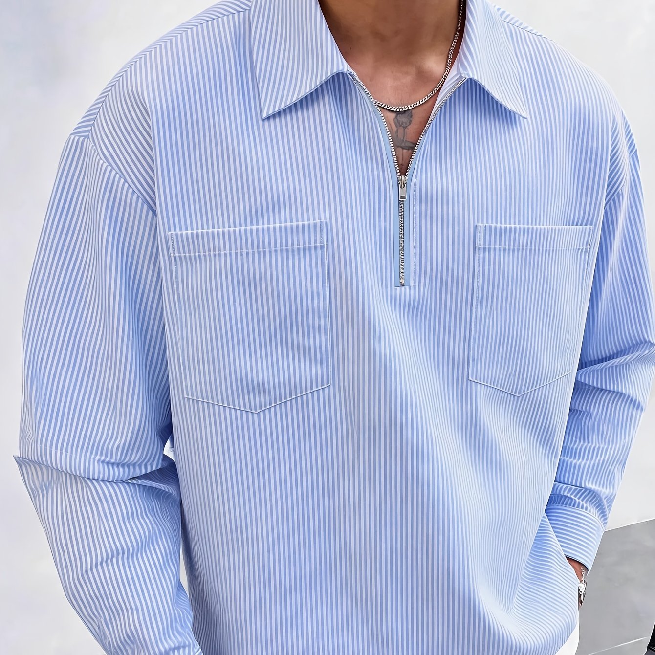 TEMU Men's Long Sleeve Shirt With Half-button Zipper, Double Pocket Trendy Casual Fashion Versatile Light Business Spring Summer Short Style Top