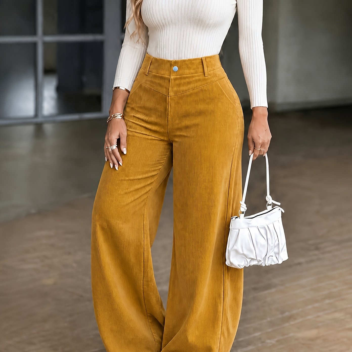 TEMU Nouveau pantalon long d'automne-hiver pour femmes, taille haute, en velours , droit, , pantalon décontracté