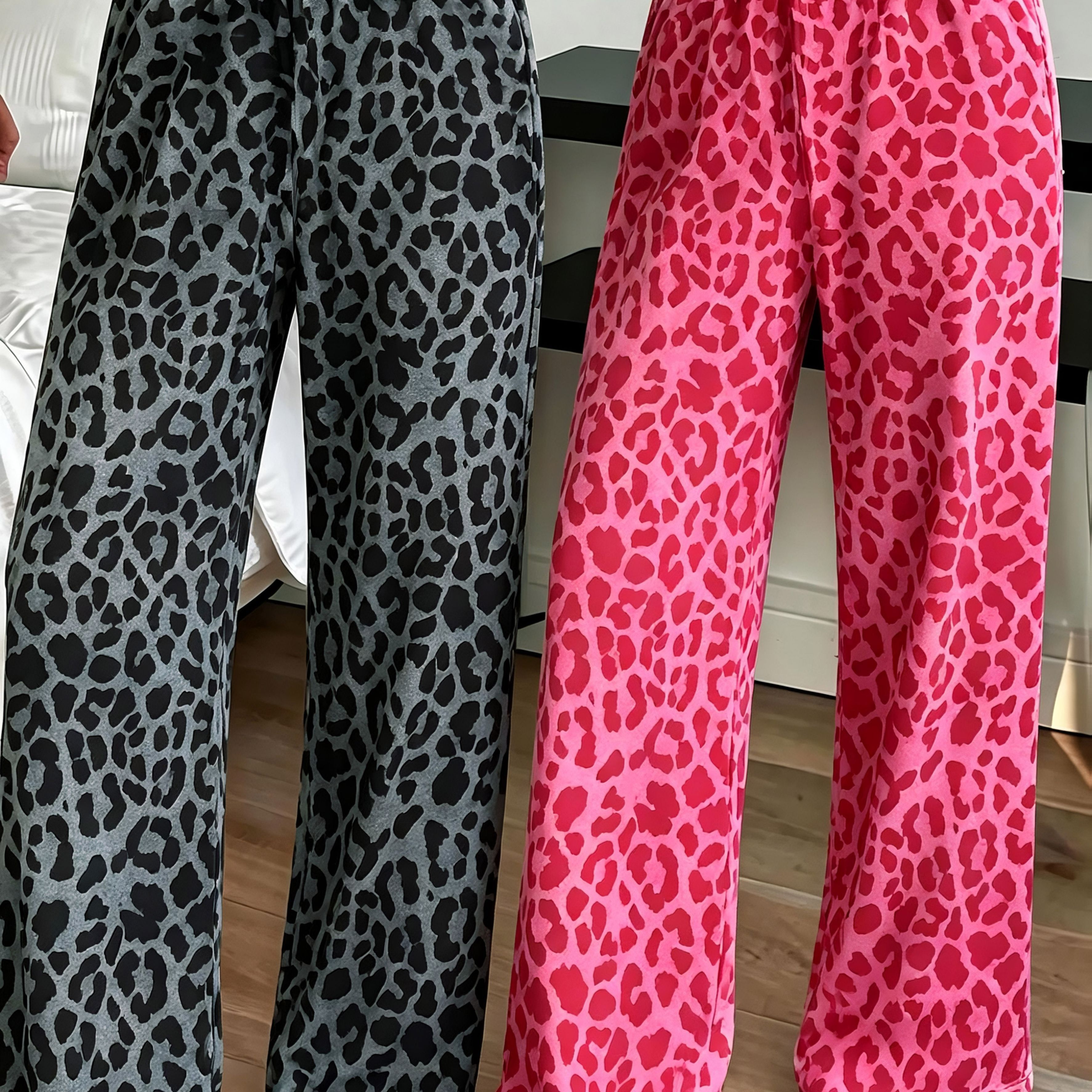 TEMU Leopard Print Women' Pants 2pcs Set, Fabric Comfortable Long Pants, Loose Fit Skin-friendly Lounge Trousers For Home And Leisure