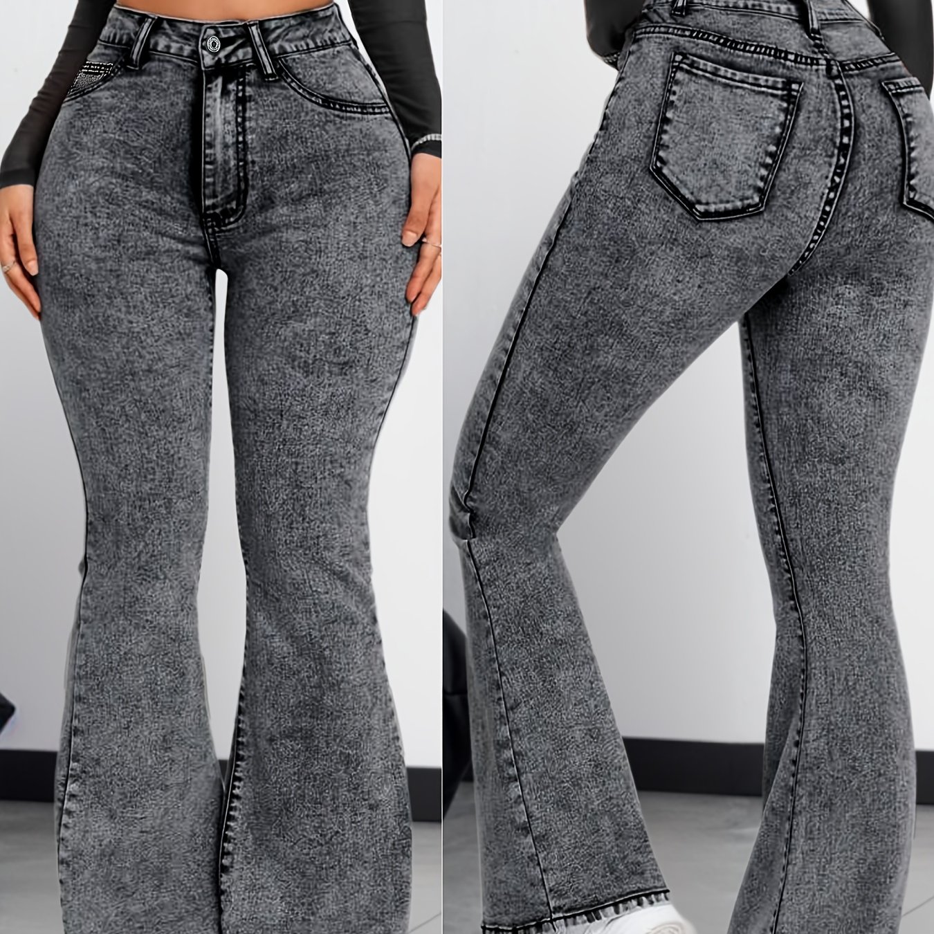 Gray Snowflake Fashion Stretch Slim Flared Pants Denim Jeans