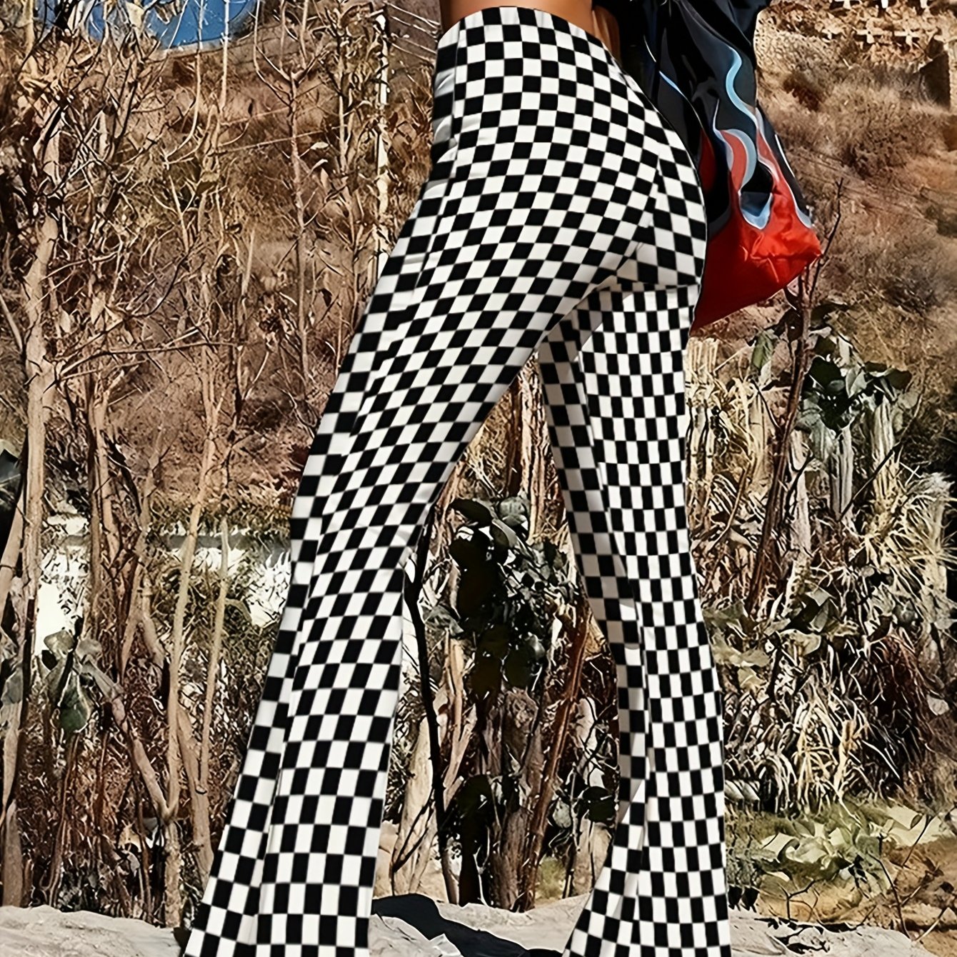 TEMU Women's Casual High-quality Printed Flare Pants, Slim Fit - S-curve, Clear High- - Fashionable Trendy Irregular Graphic Element Print - Artistic