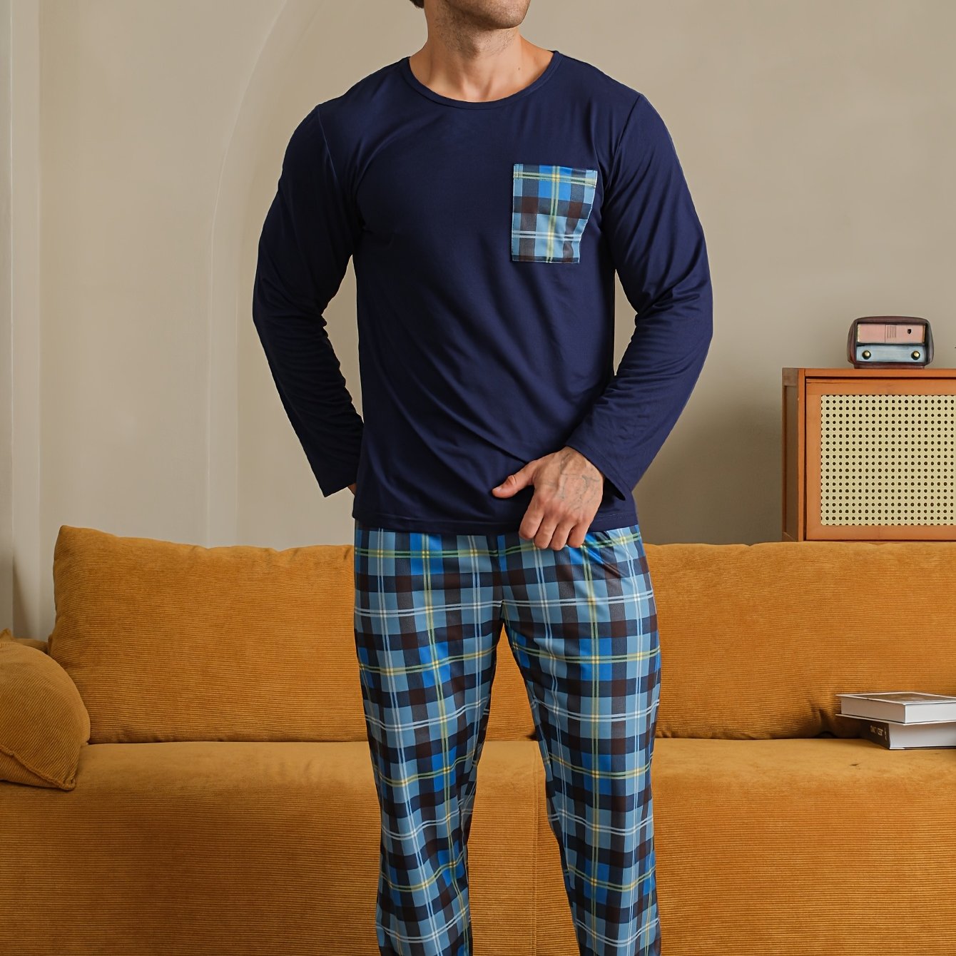 E-shop 2er-Set Herren Pyjama, Frühling Sommer Herbst Winter Mode Karo Kariert Langarm Britischer Stil Hauskleidung Outfit