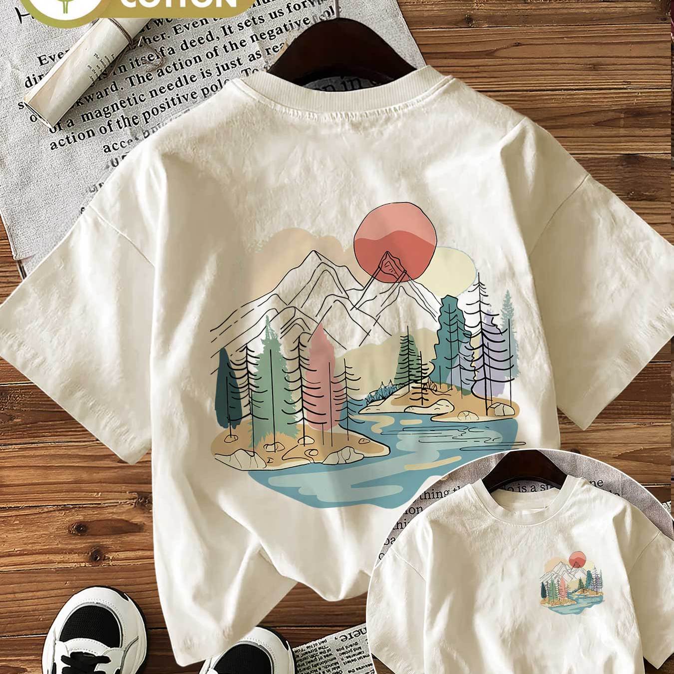 Image of Double-sided Print Summer Casual Women's Top, , , Forest, River Print, Round Neck Pure Short Sleeve T-shirt, Lingk