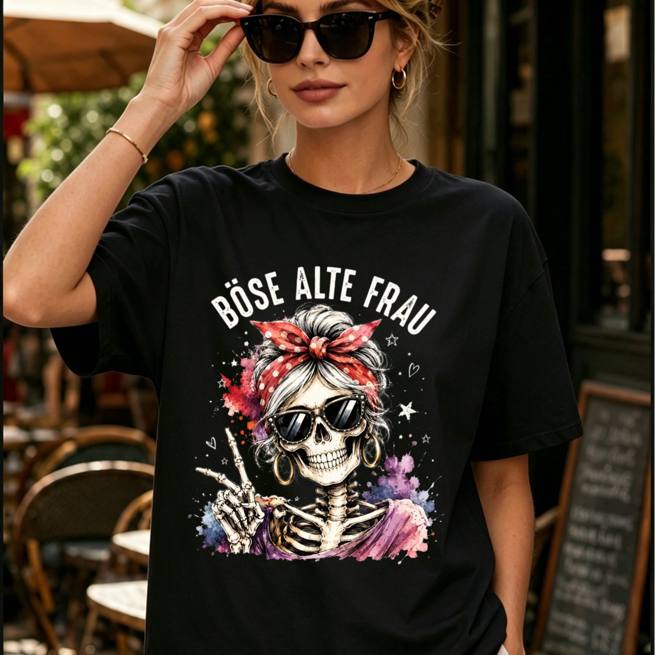 Image of Plus Size - Comic Skeleton Evil Old Woman T-shirt For Women, Funny Black Top Women's T-shirt
