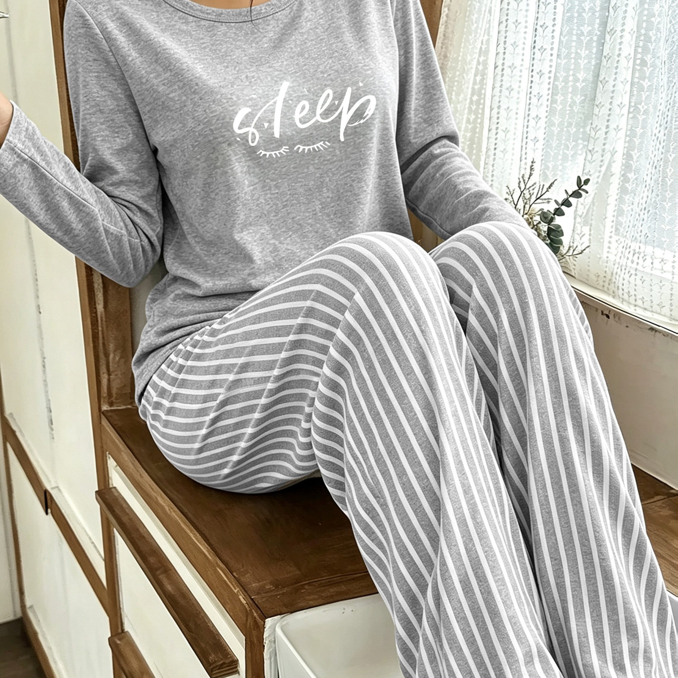 TEMU Women's Autumn Winter Pajama 2pcs Set, Casual Striped Letter Theme Comfortable Sleepwear Home Set, Comfortable For Home Use, Loose Round Neck