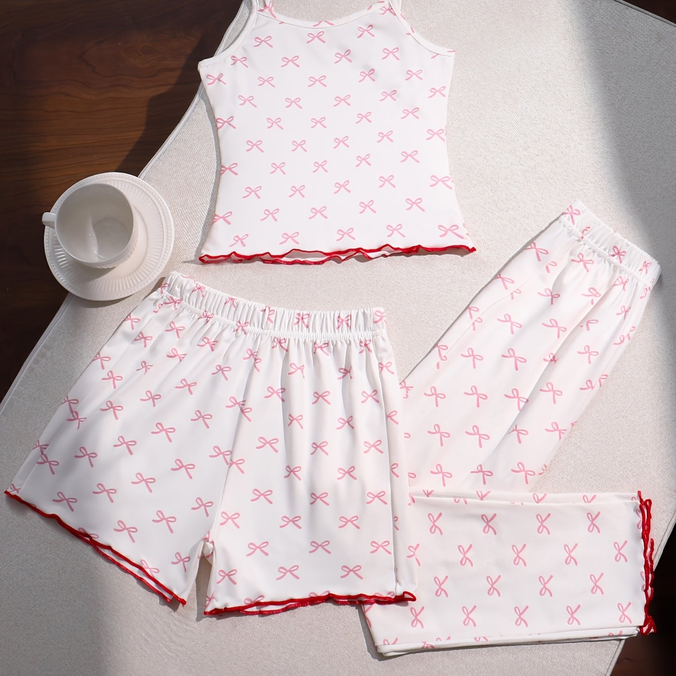 Image of Girls' Fashion Clothing Pajama Set Bow Print Cami Shorts Long Pants 3pcs Set 8-12 Years Old Mid-large Set