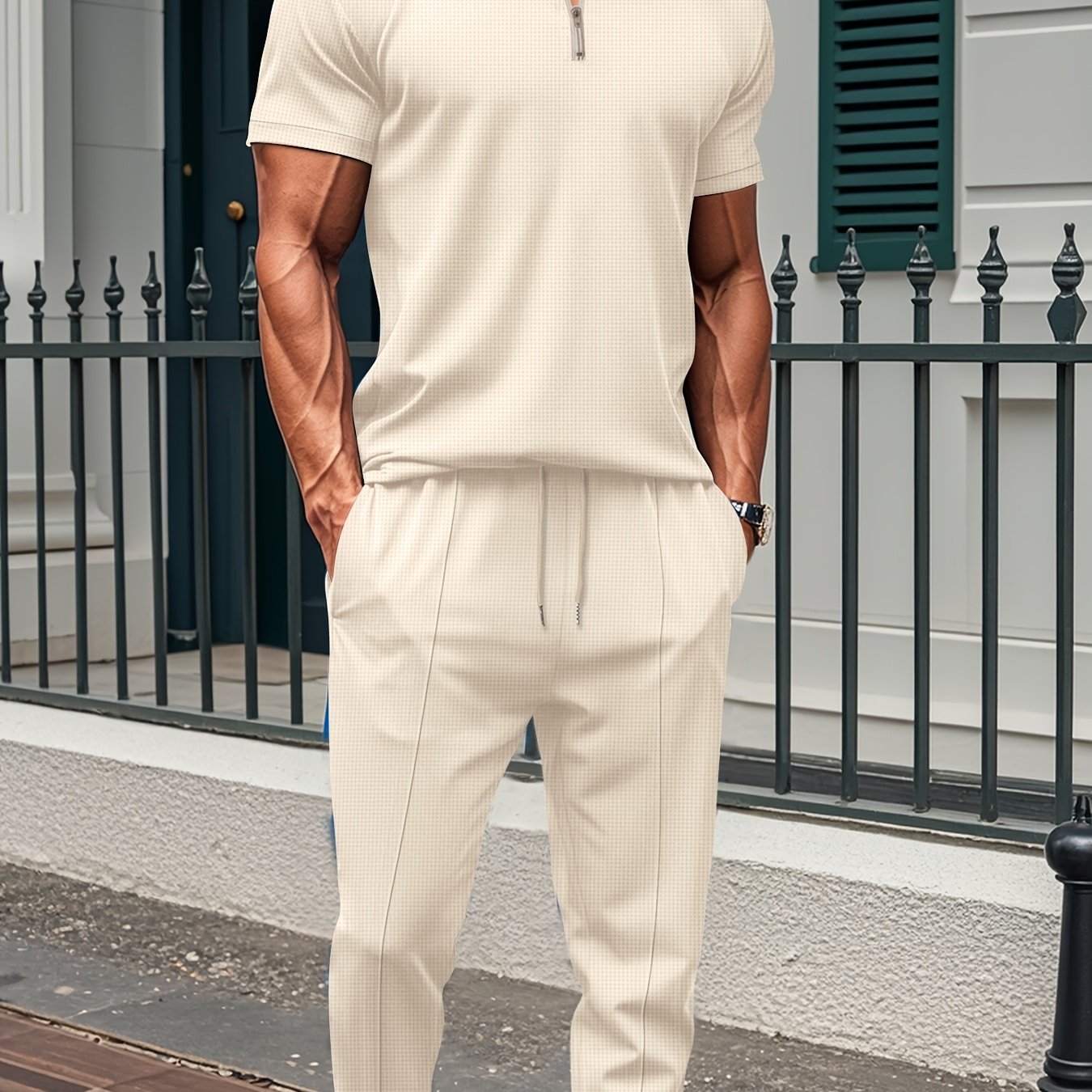 TEMU Summer Men'-piece Set, Casual Zipper Solid Color Collar Short-sleeved Shirt + Trousers Two-piece Set, Outdoor Sports Multi-scene Use