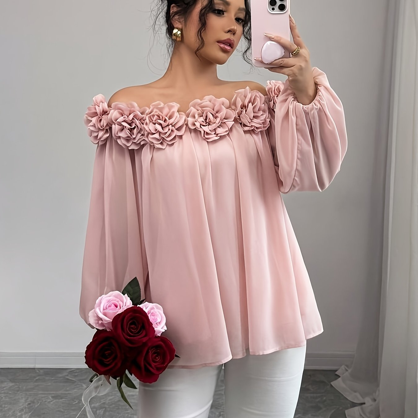 Women's Elegant Off-shoulder Chiffon Shirt, Soft And Smooth Matte Solid Color Fabric With 3d Floral Decoration, Suitable For Daily Wear, Dating, Parties, Long Sleeve Top - New