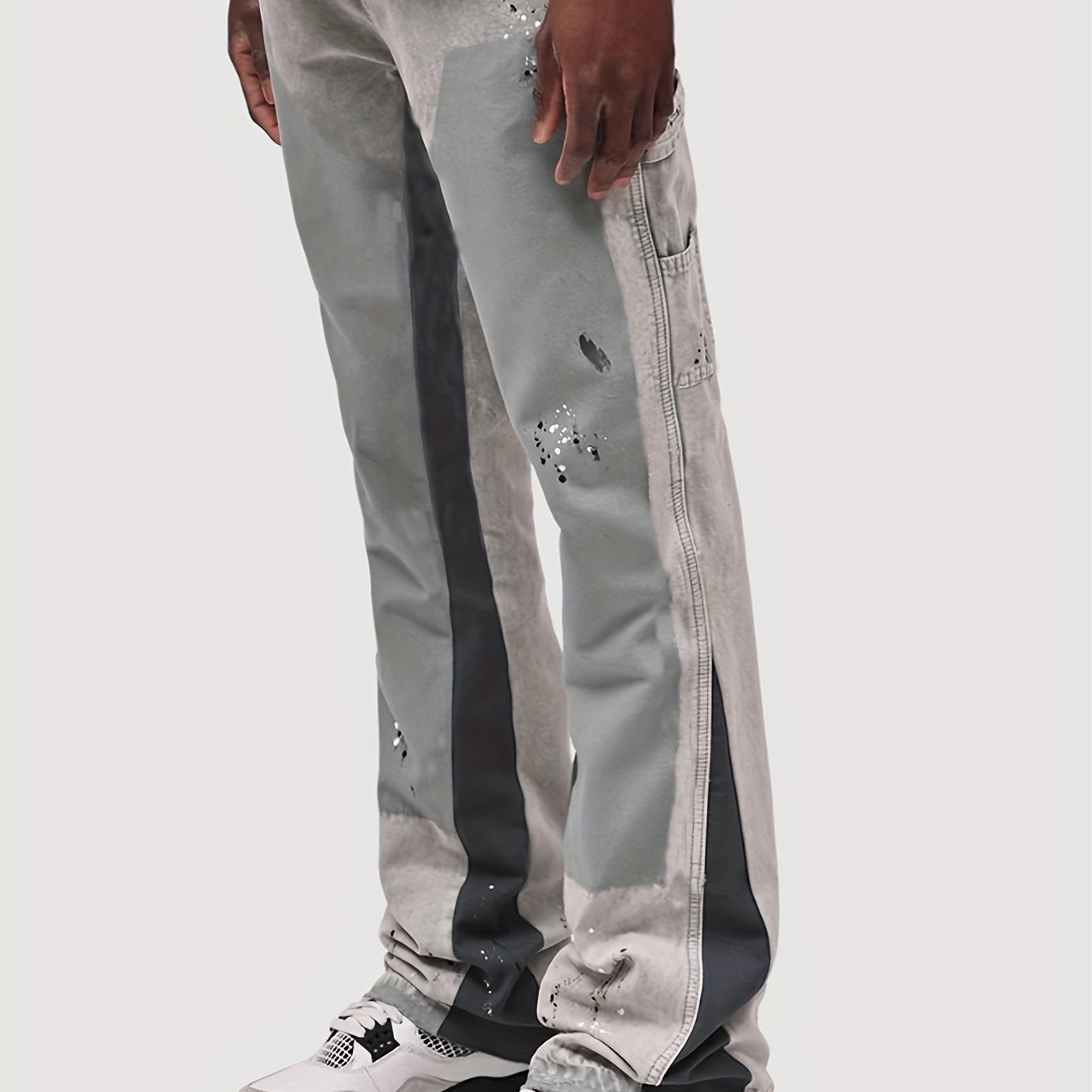 Men's Slightly Stretch Patched Contrast Cargo Jeans With Layered Flare Leg