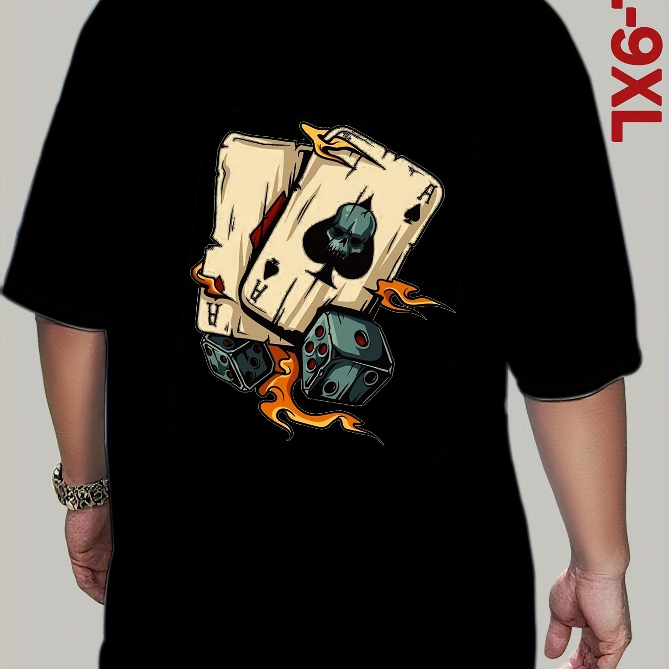 Image of Men's Plus Size T-shirt, (4xl-9xl) Black Short Sleeve Crew Neck, Black Pattern Tee, Trendy Casual Positioning Daily Outing/ Gathering Top