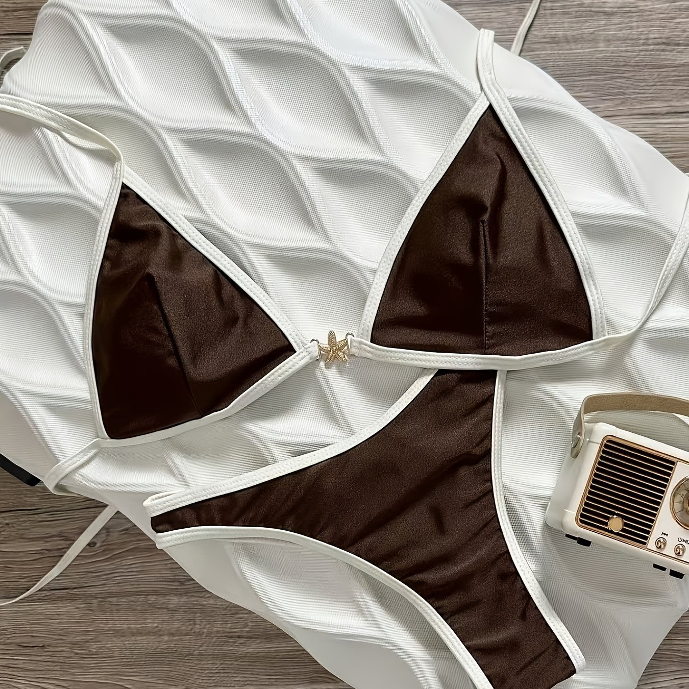 TEMU White Contrast Starfish Detail Triangle Bikini Set High Cut Tie Side Swimsuit