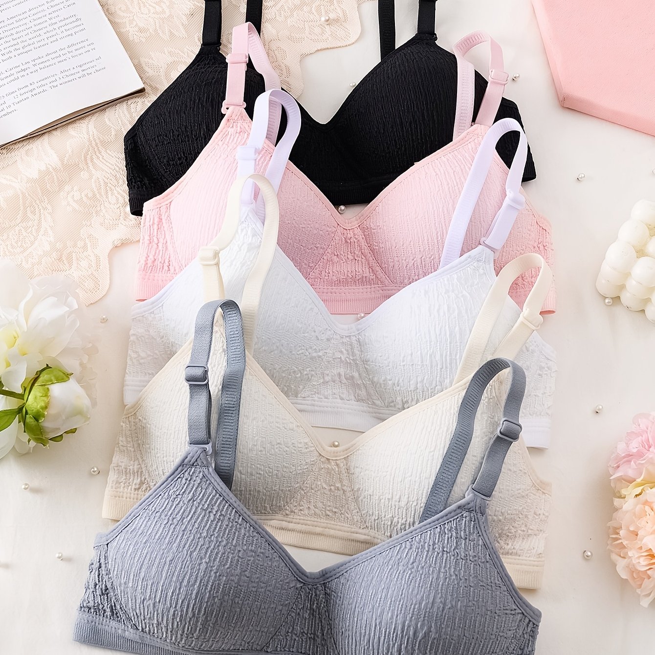 5pcs Wire-free Bras For Girls And Teens, Comfortable And Skin-friendly With Adjustable Straps, Suitable For Young Aged 12-15
