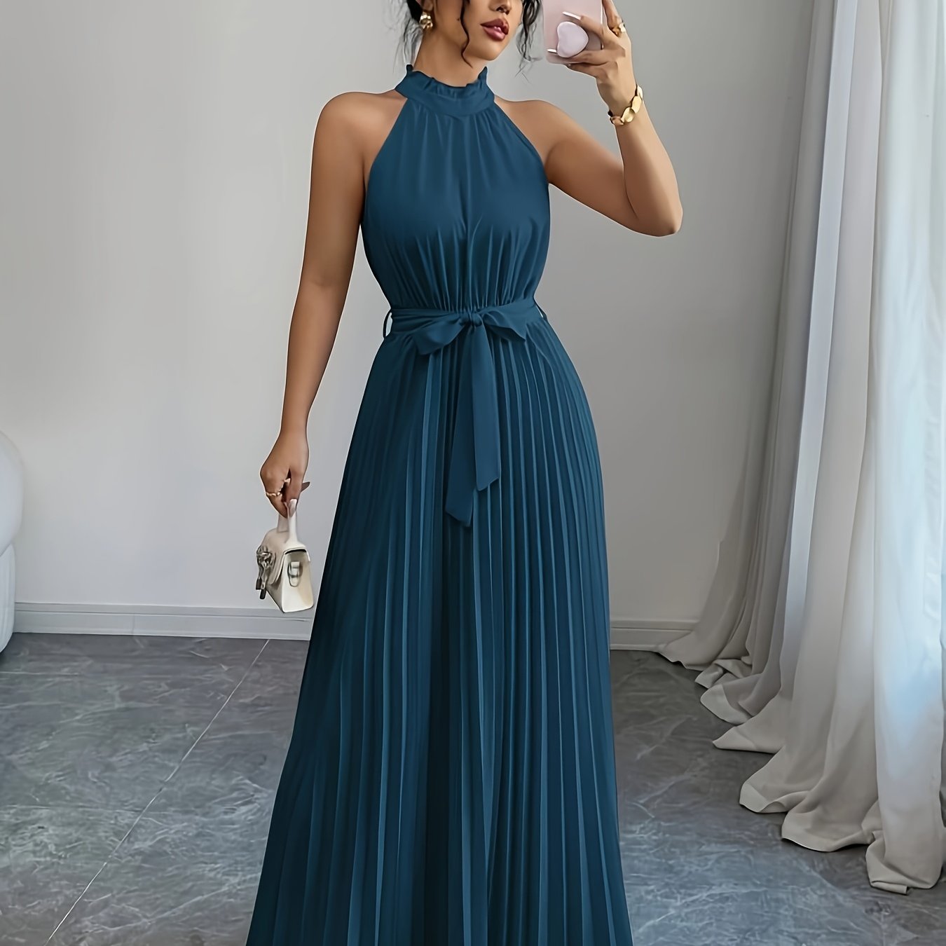 Yy0328347, Women's Romantic Elegant A-line Dress, Sleeveless Pleated Waist-cinching Long Dress