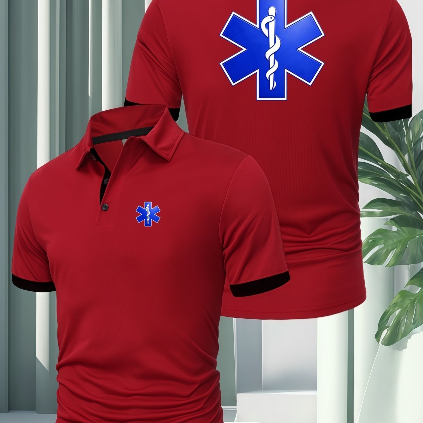 TEMU Men's Summer Collared Shirt, Front And Back Printed "star Of Life" Logo. Quick-dry, Breathable, Non-deformable Fabric. Ideal For Home Casual,