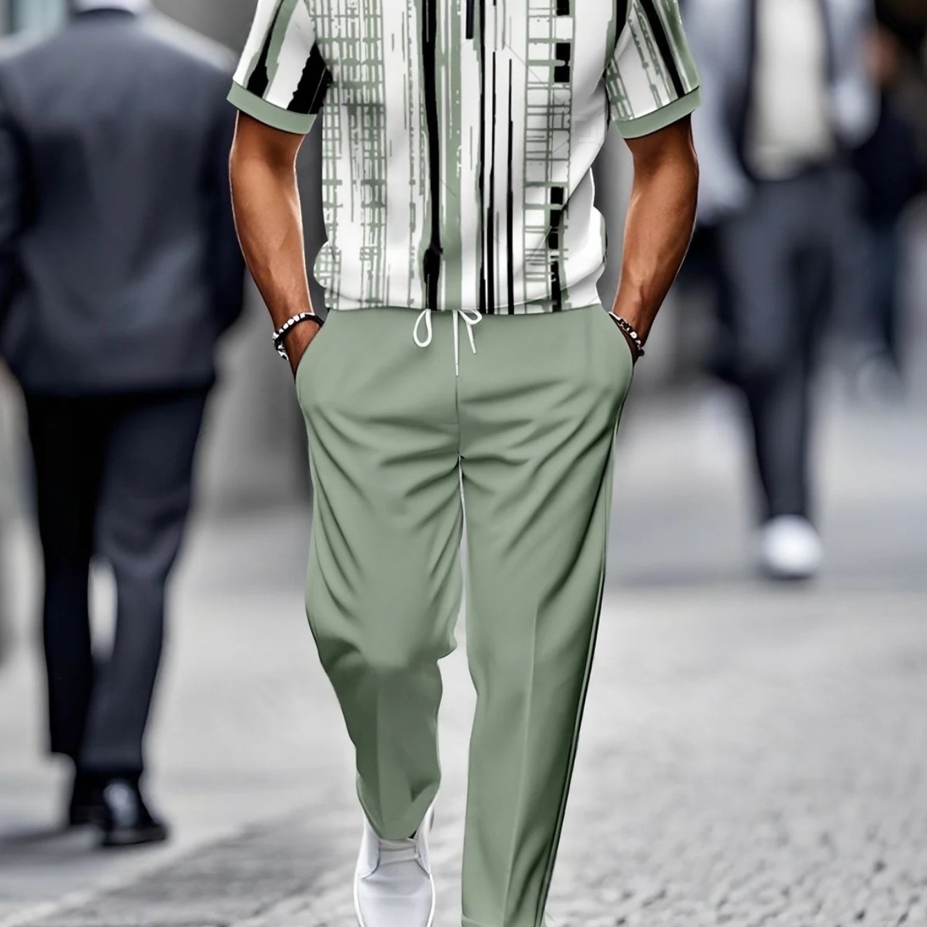 Two-piece Set [new Summer Release] Men's Casual Fashion Loose Stand Collar Half-zip Short Sleeve And Pants Sports Set - Short Sleeve Top And Pants
