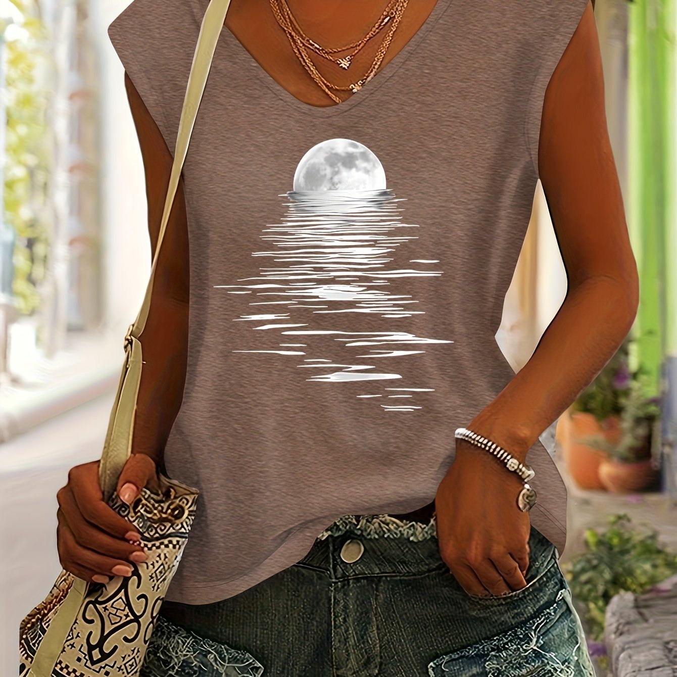 E-shop Meer, Mond, Sonnenaufgang-Druck – Europäisches Amerikanisches Damen-Oberteil – Frühling/Sommer Mode – Vielseitiges Strandurlaubs-Casual-T-Shirt