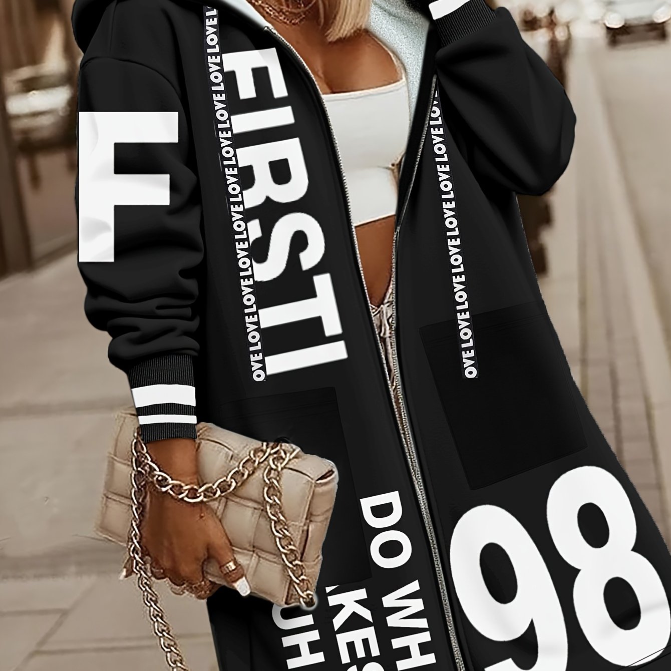TEMU Autumn/winter Women's Casual English Print Hooded Jacket, Zip-up Jacket With 'love' Drawstring, Stylish And Versatile - Essential For Daily ,