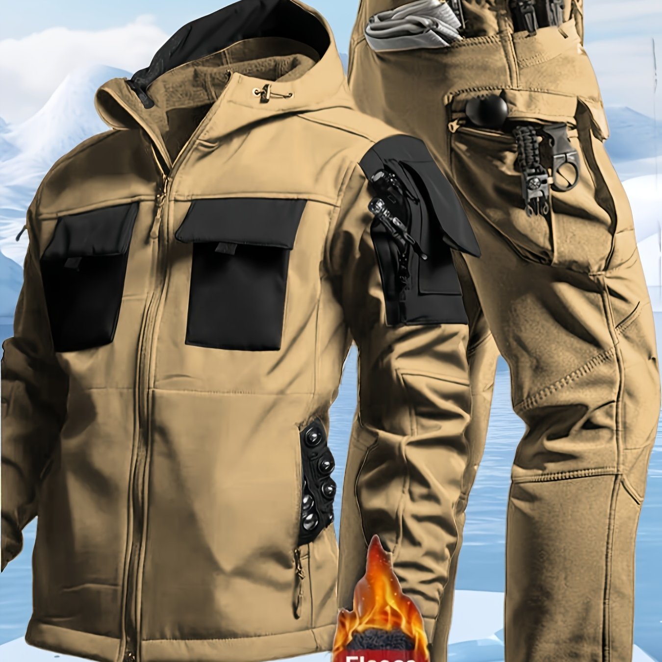 Men's Windproof Hooded Jacket & Insulated Cargo Pants Set