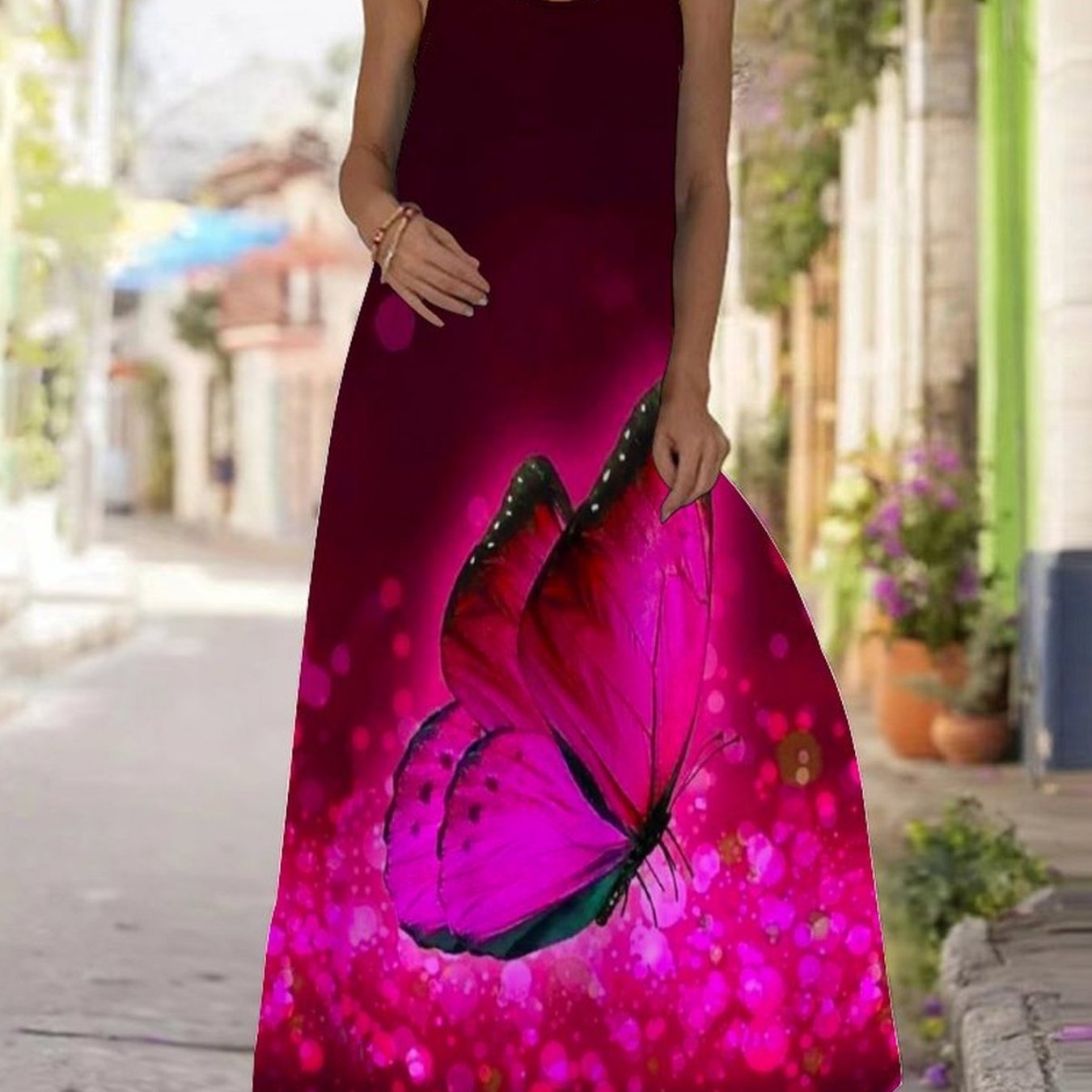 Plus Size, Women's Plus Size Spaghetti Strap Round Neck Dress, Boho Print, Ideal For Daily, Date & Party Wear