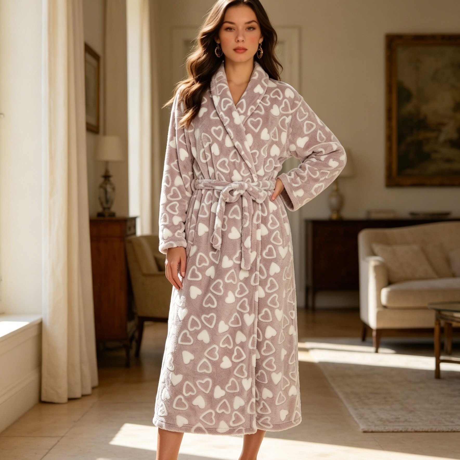 TEMU Pink Heart Flannel Robe For Autumn And Winter, Women's Long Sleepwear. Worn After A Bath, Thickened, Quick-drying, Loose Fit, Suitable For All