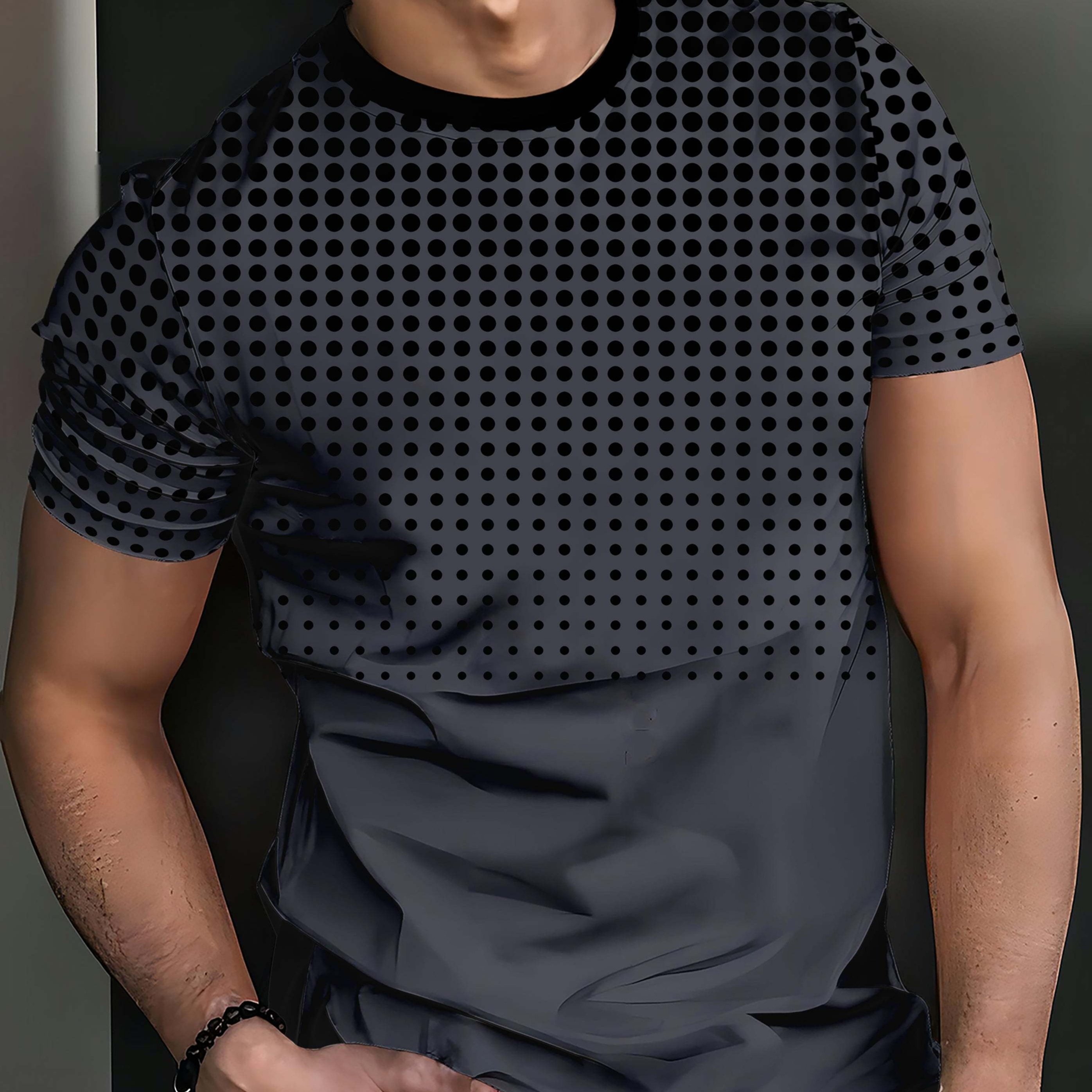TEMU Gray Polka Dot Summer Men's Short Sleeve Top, Casual Round Neck T-shirt For Outdoor Daily Fitness And Leisure, Simple Men's Summer Tee, Machine