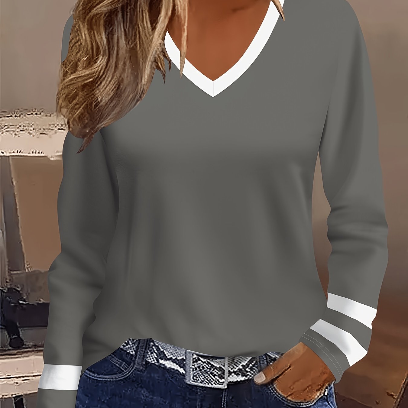 TEMU Plus Size, Women's Autumn Winter Casual V-neck Striped & Block Color Long Sleeve Blouse - Breathable Layering Shirt Suitable For Fall Winter