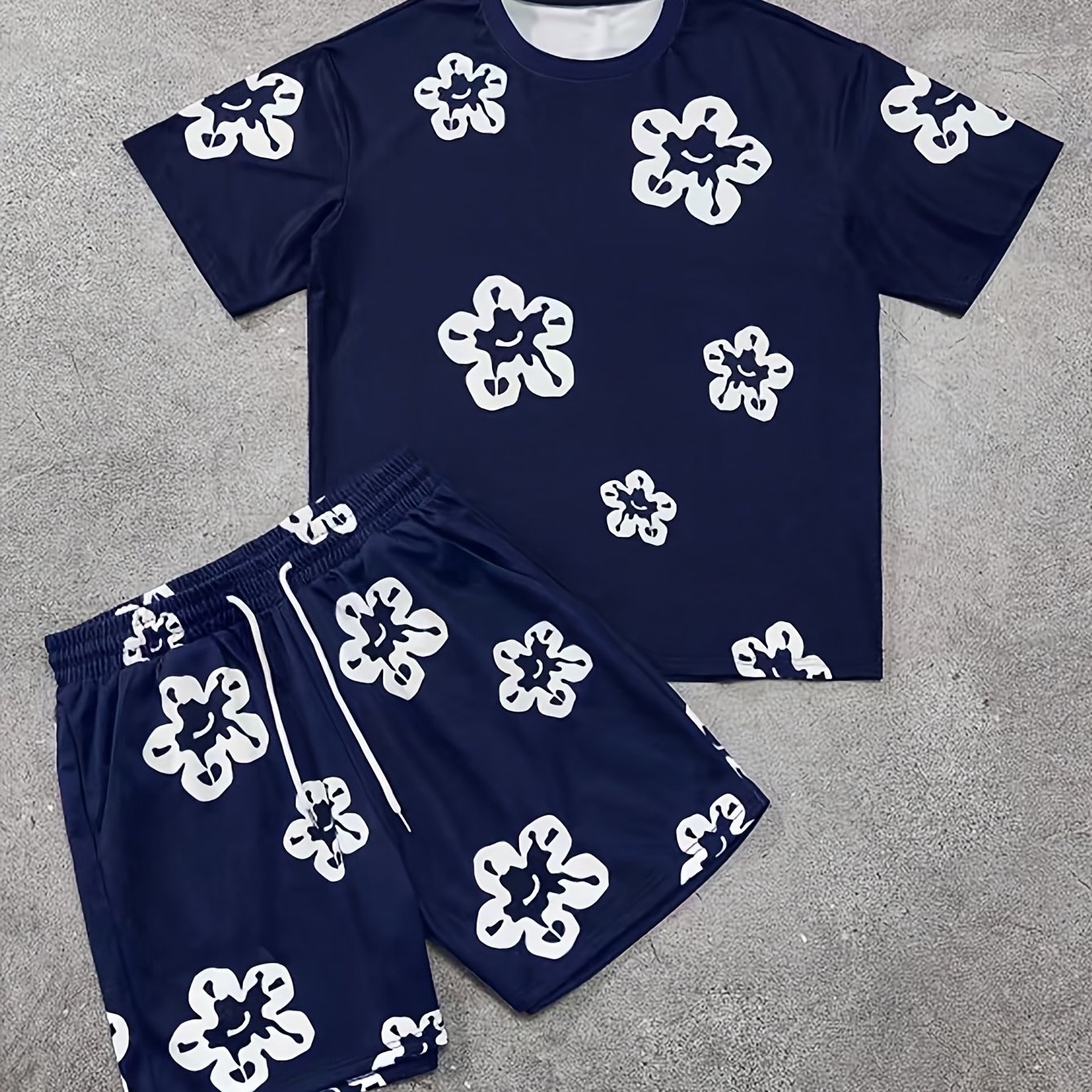 TEMU Summer Face Floral Print Short Sleeve Shorts Set, Couple's Casual Loose 2pcs Loungewear Beachwear [printed Design â Not Textured]