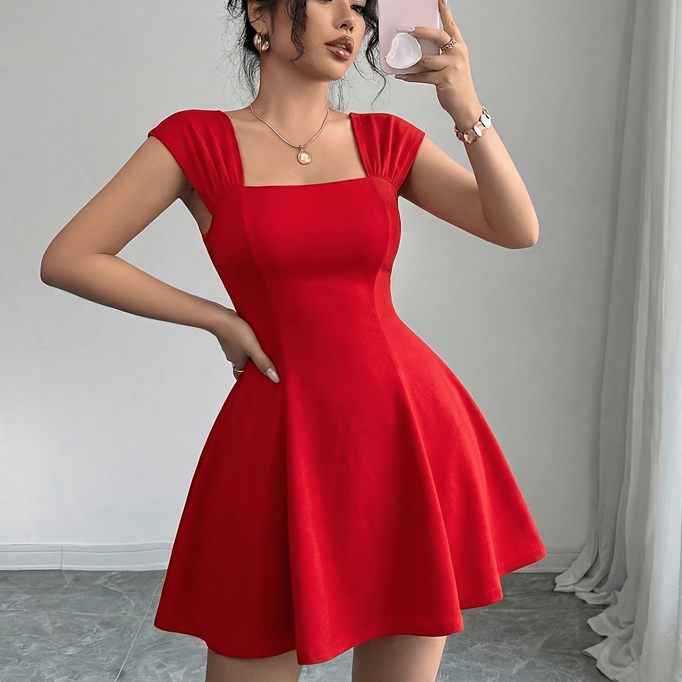 TEMU Robe Évasée Femme – Fête , , Soirée, Vêtements Printemps Été Femme, Vacances, -, Vacances, Tenue d'Anniversaire. Bretelles Larges, Jupe Évasée,