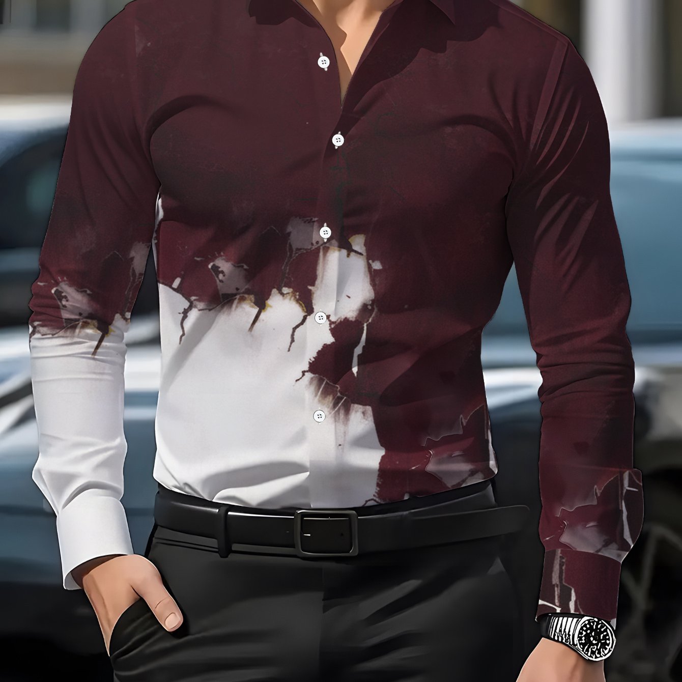 TEMU Men's Long Sleeve Shirt, Abstract Print, Men's Printed Shirt, Ink Wash Style Elements, Men's Shirt, Burgundy And Scheme, Men's 3d Casual Shirt,