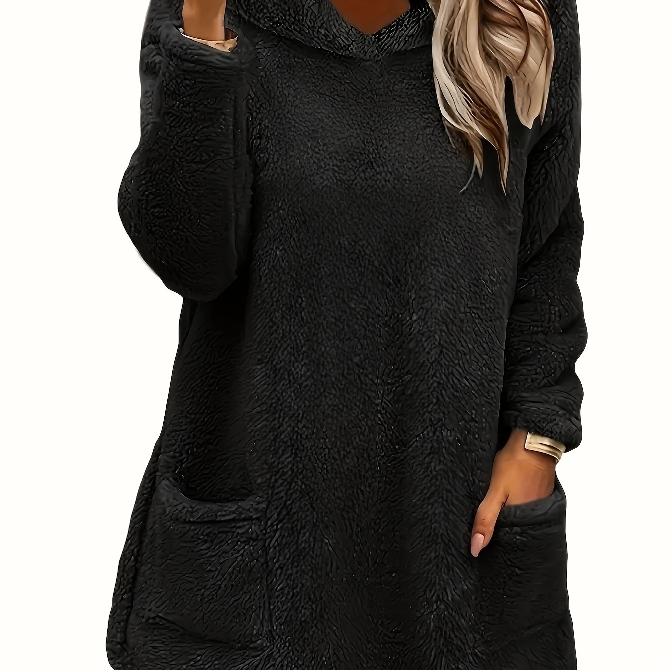 TEMU Women'-sided -lined Hooded Sweatshirt, Casual Plush Pullover, Warm And Comfortable Loose Fit With Front Pocket, Black Solid Color Long Sleeve