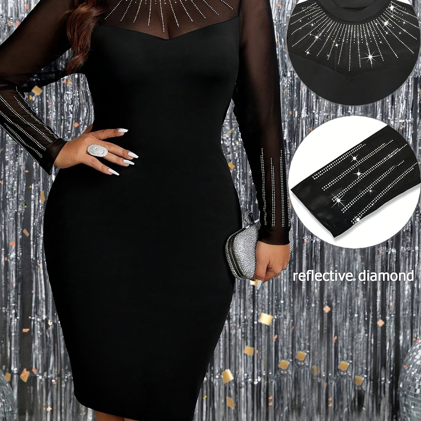 Plus Size, Plus Size Women's Stretch Mesh Panel Rhinestone Embellished Slim Elegant Dress