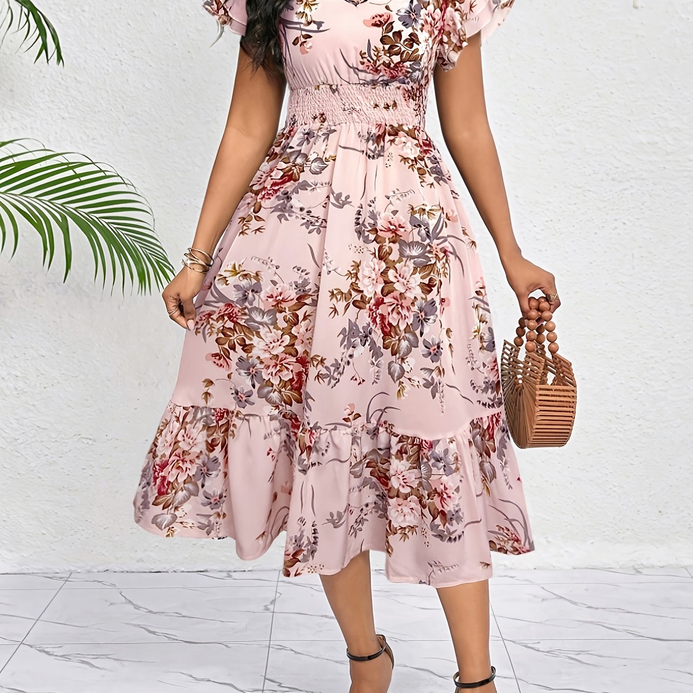 TEMU Women's Floral Print V-neck Dress With Short Sleeves & Hem - A-line Flowy Maxi Dress For Spring/summer, Lightweight Polyester Fabric, Casual Or