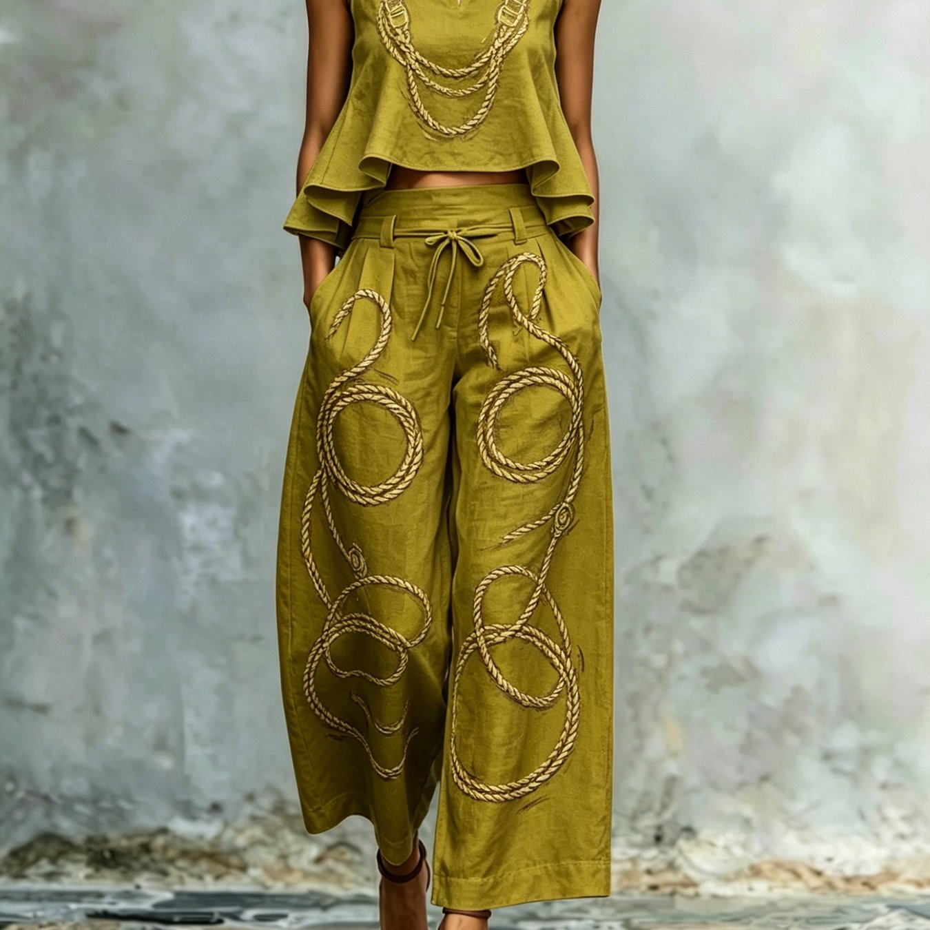 Women's 2pcs Set Boho Summer Sleeveless Crop Top With Rope 2d Printing And Wide Leg Pants Casual Ethnic Style Olive Green With Circular Rope Pattern For Beach Vacation Travel And Daily Wear
