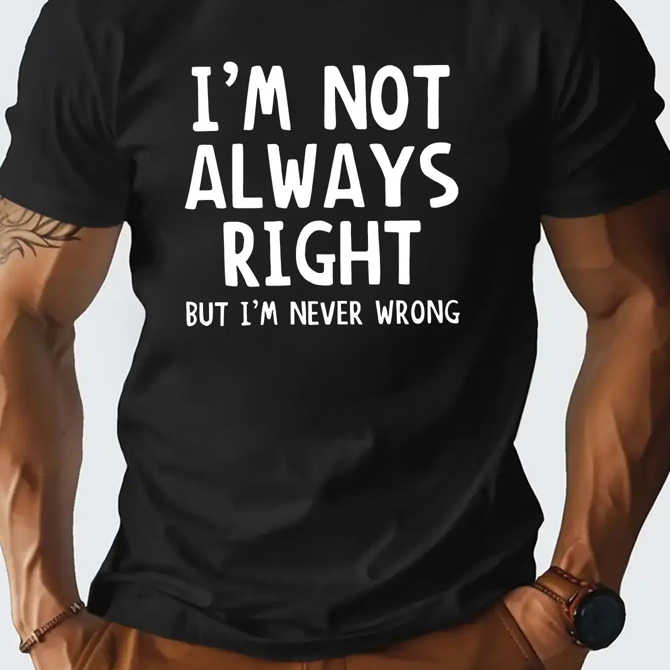 TEMU Men's T-shirt With ' Right, But I'm Never ' - Casual Crew Neck, Made Of Knit Fabric, Summer T-shirt Featuring Text And Humorous Design, Everyday