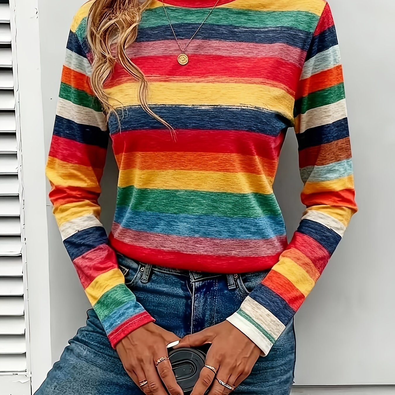 TEMU Women's Autumn Fashion Round Neck Digital Wide Stripe Print Long Sleeve T-shirt