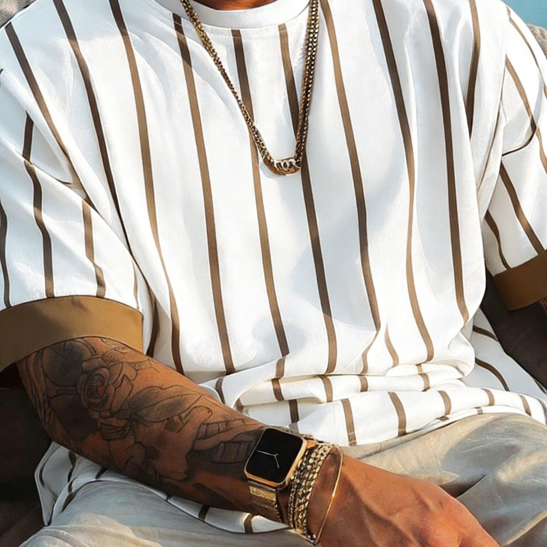 TEMU Printed Design â Not Textured: Men's Casual T-shirt, Fashionable Streetwear Style, Gym/, With Light Brown Vertical Stripes, Contrast Cuffs, Cre
