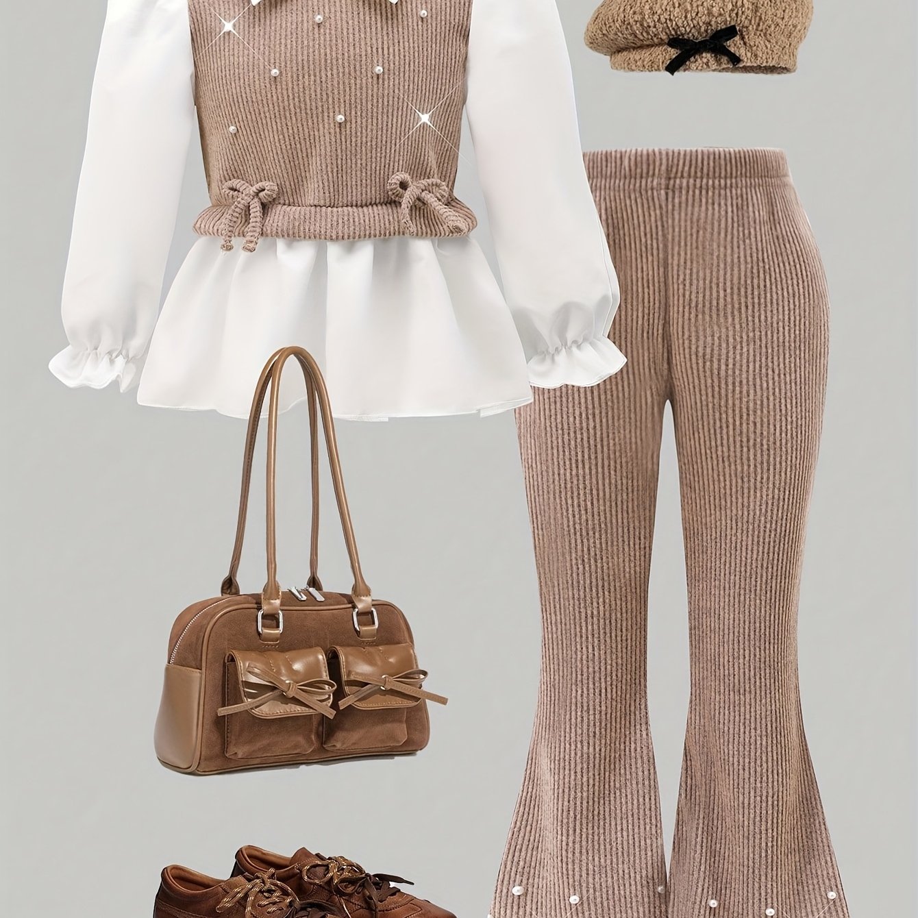 2pcs Young Girls' Color-block Lapel Bow And Pearl Embellished Long Sleeve Elegant Casual Tops With Simple Flared Pants Set, Suitable For School & Outdoor Travel Wear, Perfect For Spring/autumn Outdoor