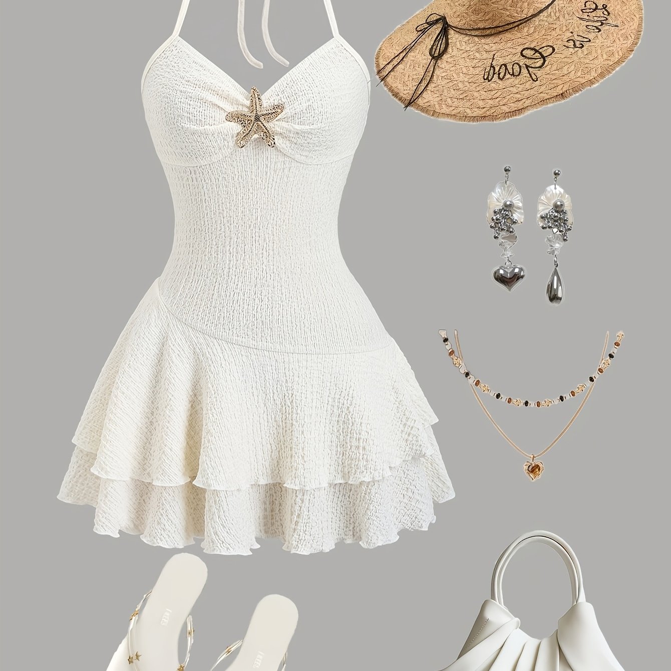 TEMU Beach French Gentle Style Tie-neck Starfish Decor Dress Textured Pleated Waist-cinching Vacation Short Skirt