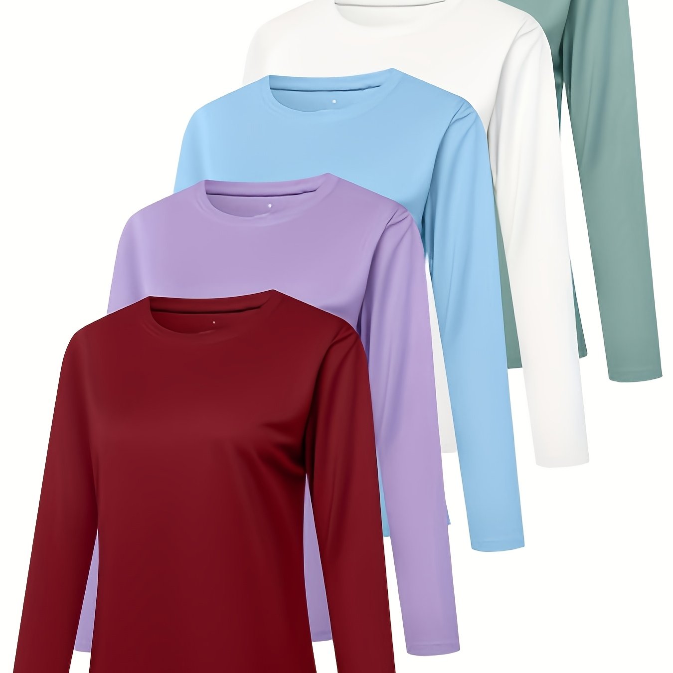 TEMU 5pcs Telaleo Women's Long Sleeved Round Neck T-shirt | Casual Solid Color Top, Fine Bead Fabric, Suitable For And Outdoor