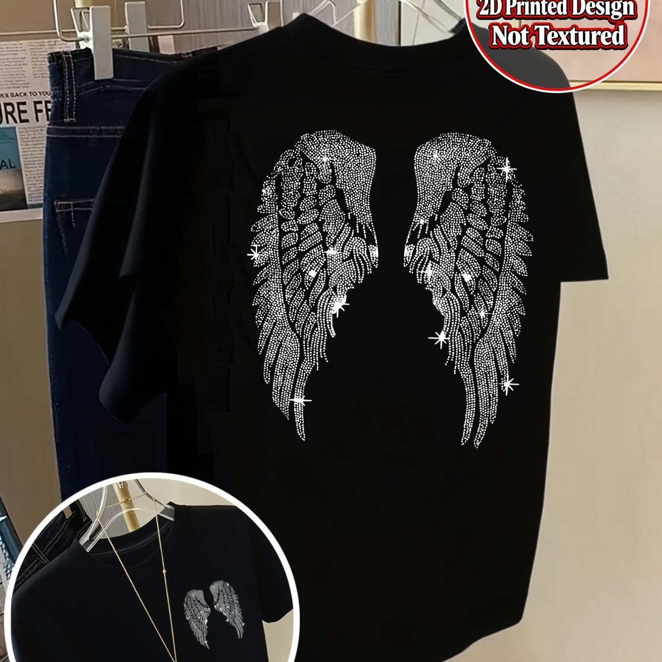 Image of Plus Size, 2d Printed Design- Not Textured, Front And Back Panel Short Sleeve T-shirt- Wings, Wing Fashion Print- Women's Spring/summer Trendy Printed T-shirt, Fashion Item