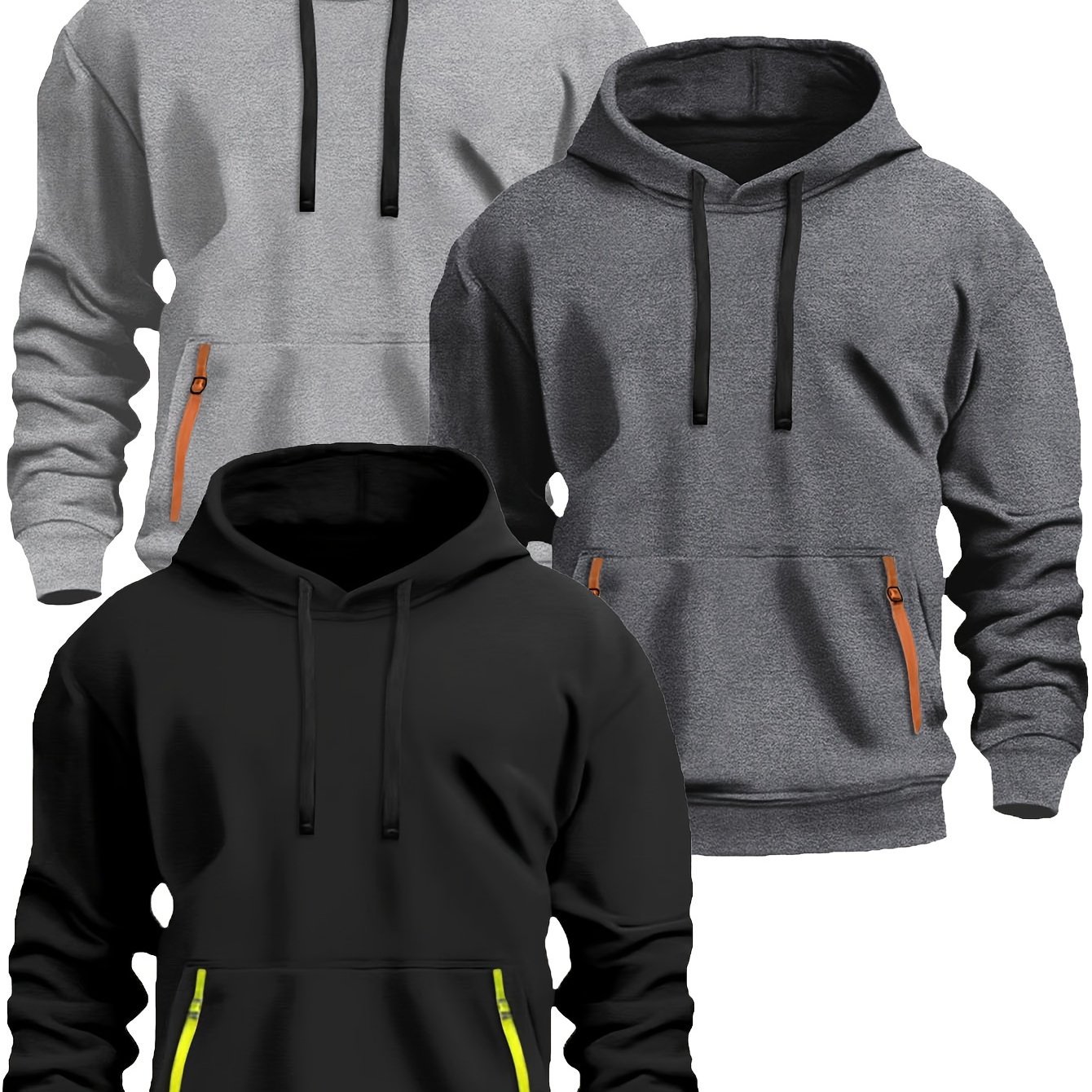 E-shop 3er-Set aus gebürstetem Stoff (220g), neuer lässiger sportlicher Mode-Hoodie für Herren für Frühling/Herbst/Winter mit Kordelzug, Basic-Stil,