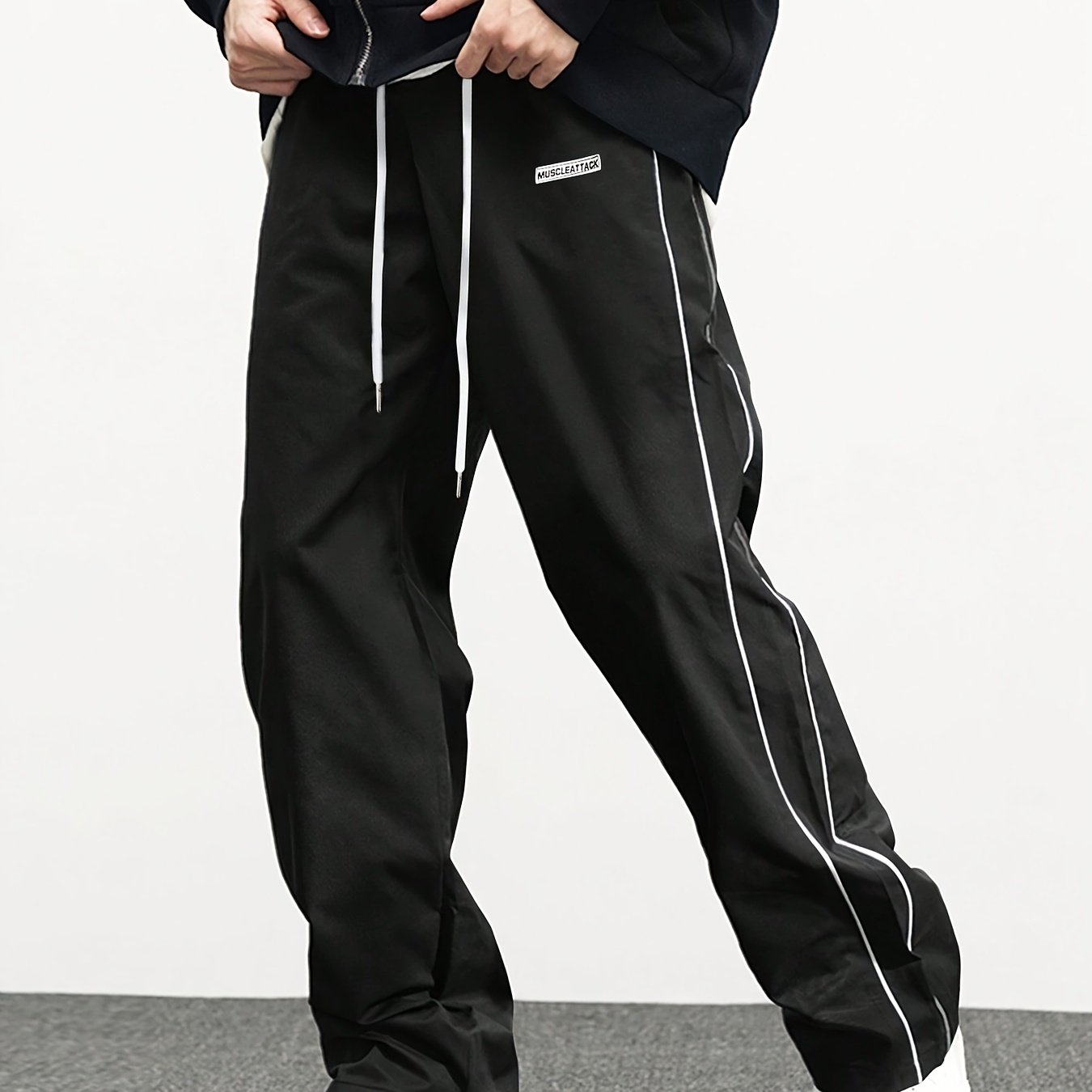 TEMU Carnival 1pc Men's Navy Blue Casual Pants With Stripe Side Decoration, Woven Label, Small Logo, Drawstring Elastic Waist, Vintage Sporty Style,